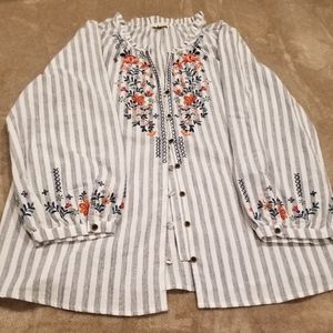 Kate & Sam Stripe Floral Embroidery Boho Cotton Blouse Top Large NWT